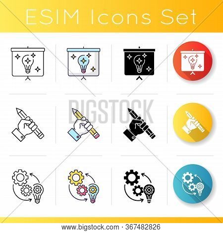 Workflow Icons Set. Show Presentation For Finalized Project. Reserch For Journalist. Technical Work.