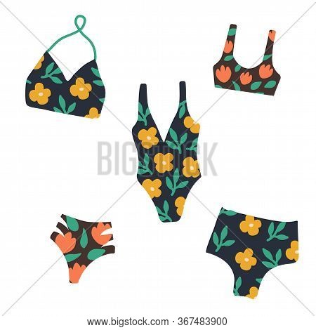 Set Of Modern Hand Drawn Colorful Women S Swimwears. Beautiful Pattern Thongs And Lace Bras.