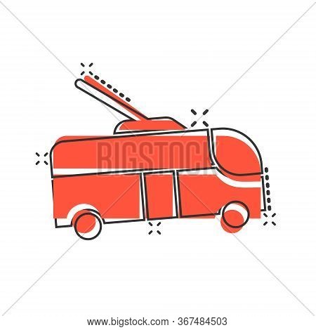 Trolleybus Icon In Comic Style. Trolley Bus Cartoon Vector Illustration On White Isolated Background