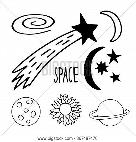 Set Of Cute Hand Drawn Doodle Space Elements. Saturn Planet, Moon, Sun, Comet, Spiral Galaxy. Isolat
