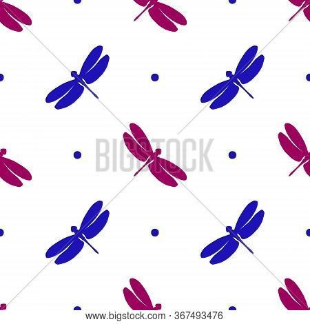 Seamless Pattern With Bright Dragonflies. Stock Vector Illustration. Dark Blue And Burgundy Colors E