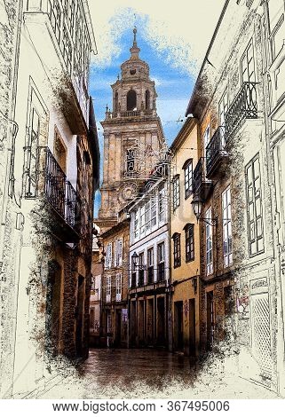 Street View Of The Tower Of Thу Сathedral Lugo, Galicia, Spain. -  Artistic And Graphic Style.