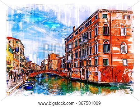 Fondementa Dei Ormesini, Venice, Italy.  Color Pencil And Watercolor Sketch Style Illustration.