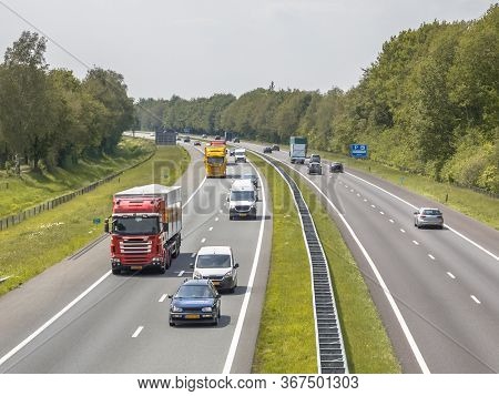 Motor Traffic On The A1 Motorway Seen From Above. This Is One Of The Bussiest Highways In The Nether