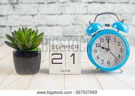 June 21 On The Wooden Calendar.the Twenty-first Day Of The Summer Month, A Calendar For The Workplac