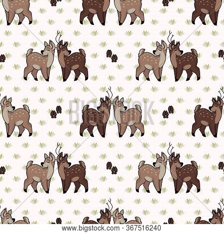Kawaii Forest Deer Love Vector Illustration. Buck Deer With Antlers. Childlish Hand Drawn Doodle Sty