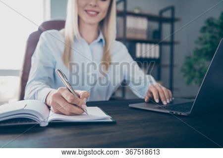 Croped Photo Of Attractive Confident Business Lady Notebook Table Read Corporate Report Insurance Ag