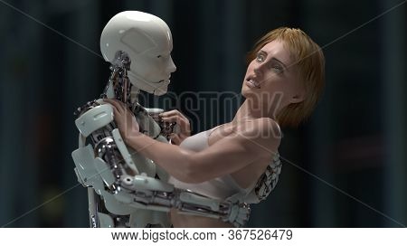 woman fights with a robot, 3d illustration