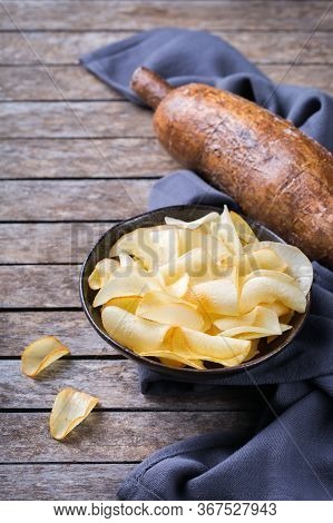 Brazilian Cuisine Food, Latin Snack. Yucca, Yuca, Cassava, Manioca Chips On A Table.