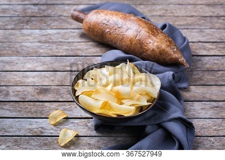 Brazilian Cuisine Food, Latin Snack. Yucca, Yuca, Cassava, Manioca Chips On A Table.