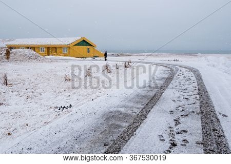 Empty Highway Countryside Frozen Road With Snow In Winter In Iceland