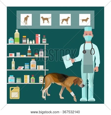 Vet Clinic With Veterinarian Doctor And Sick Dog