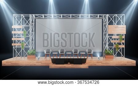 Wood and metal event stage with conference panel chairs, industrial design with giant screen, 3d moc