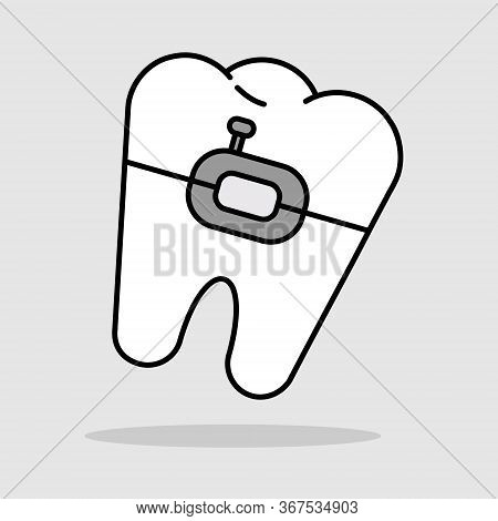 One Tooth, Braces, Isolated, Outline On A White Background.
