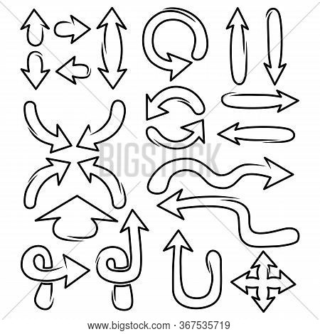 Set Black Arrows In Hand Drawn Style. Closed Loops Vector.