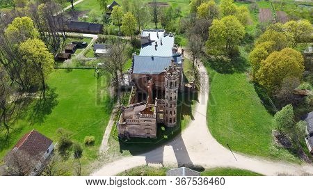 Aerial Photo Of Destroyed Odzienas Castle In Latvia, Europe On A Beautiful Sunny Springday, Concept 