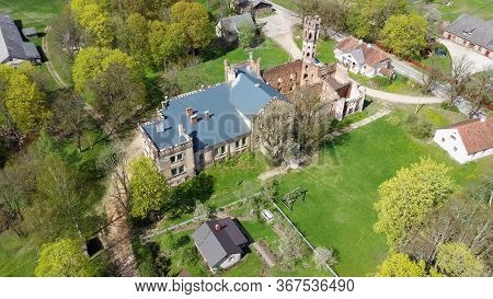 Aerial Photo Of Destroyed Odzienas Castle In Latvia, Europe On A Beautiful Sunny Springday, Concept 