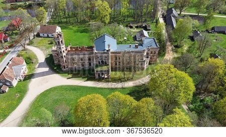 Aerial Photo Of Destroyed Odzienas Castle In Latvia, Europe On A Beautiful Sunny Springday, Concept 