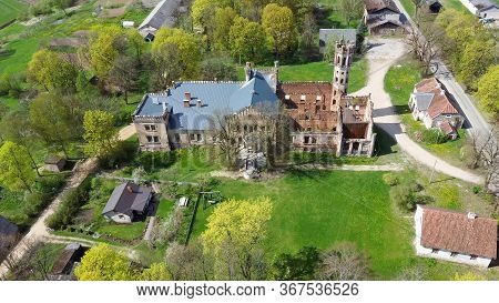 Aerial Photo Of Destroyed Odzienas Castle In Latvia, Europe On A Beautiful Sunny Springday, Concept 