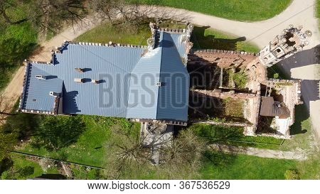 Aerial Photo Of Destroyed Odzienas Castle In Latvia, Europe On A Beautiful Sunny Springday, Concept 