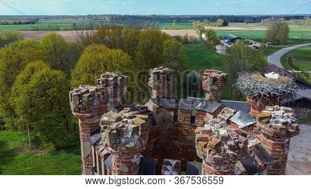 Aerial Photo Of Destroyed Odzienas Castle In Latvia, Europe On A Beautiful Sunny Springday, Concept 