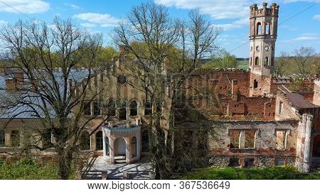 Aerial Photo Of Destroyed Odzienas Castle In Latvia, Europe On A Beautiful Sunny Springday, Concept 
