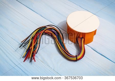 Electrical Junction Box With Wires On Blue Boards Usually Used In The Electric Installation Process