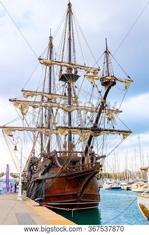 Barcelona, Spain - November 07 2018: El Galeon Ship, A 17th Century Spanish Galleon Replica Vessel F
