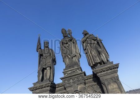 Sculptures Charles Bridge. Statues Of Three Figures - Saint Norbert, St. Vaclav And St. Sigismund. P