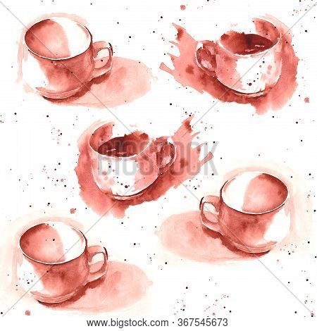 Watercolor Seamless Pattern From An Empty White Cup Andwhite Cup Of Coffee Or Tea With Splashes And 