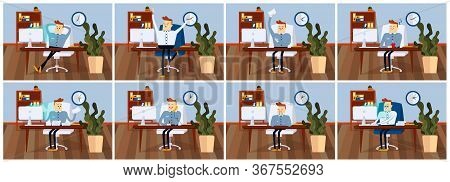 Set Of Poses Businessman With Different Emotions And Expressions. Front View. Color Vector Cartoon I