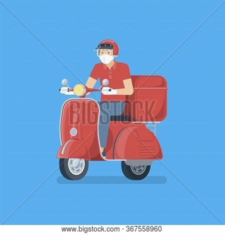 Delivery Man Wearing Medical Face Mask, Rubber Gloves , Uniform And Helmet Riding Red Retro Scooter 