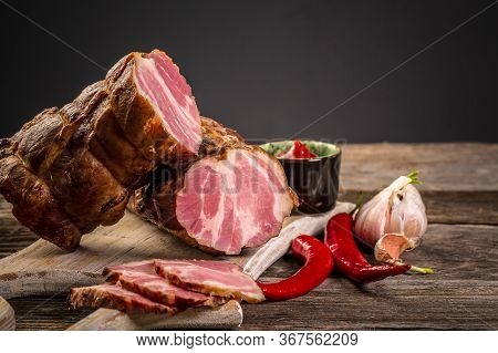 Delicious Artisanal Whole Smoked Slab Bacon On A Cutting Block. Banner Menu Recipe Place For Text. T