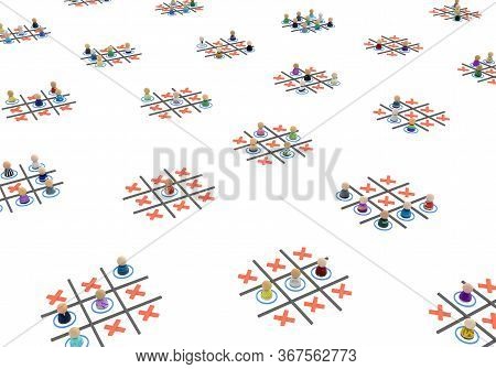 Crowd Of Small Symbolic 3d Figures System, Wireless Ticktacktoe Groups, Over White, Horizontal, Isol