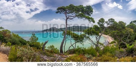 Porquerolles, France - June 10, 2019 : People On The Beach Of Notre Dame (our Lady) In Porquerolles,
