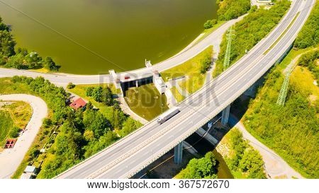 The Ceske Udoli Reservoir on Radbuza River is dam in Pilsen. Aerial view to important source of sustainable energy in Czech Republic.