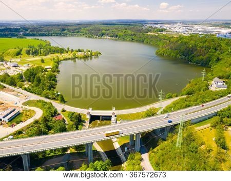 The Ceske Udoli Reservoir on Radbuza River is dam in Pilsen. Aerial view to important source of sustainable energy in Czech Republic.