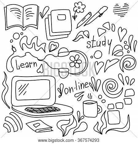 Doodle Vector Set Home Learning, Differente Objects On The On-line Study Theme