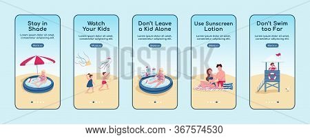 Beach Safety Rules Onboarding Mobile App Screen Flat Vector Template. Watch Kids, Use Sunscreen. Wal