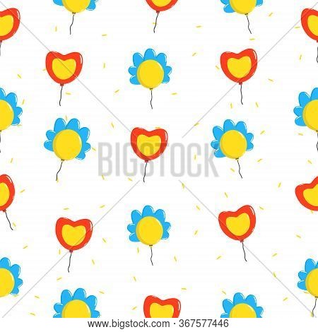 Colourful Pattern With Balloons, Flying Confetti. Hearts.