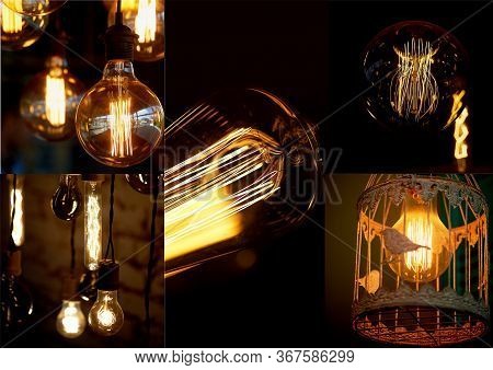 Collage. Light And Lighting. Edissons Retro Lamp. Warm Orange Light.