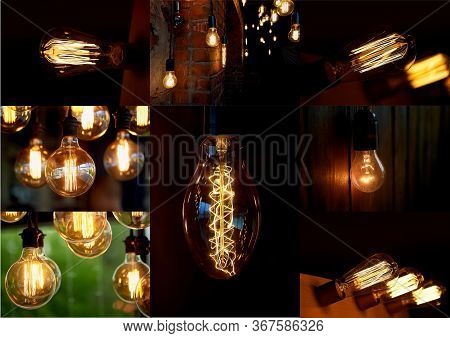 Collage. Light And Lighting. Edissons Retro Lamp. Warm Orange Light.