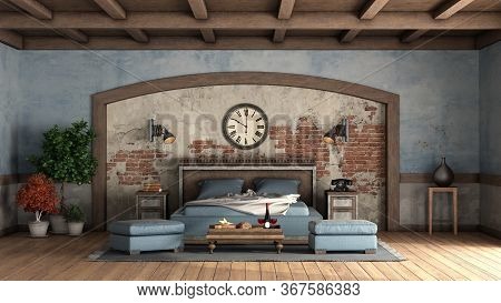 Rustic Master Bedrom With Old Walls, Wooden Double Bed And Roof Beams- 3d Rendering