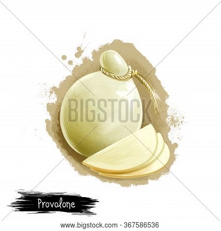 Provolone Cheese With Slices Digital Art Illustration Isolated On White Background. Fresh Dairy Prod
