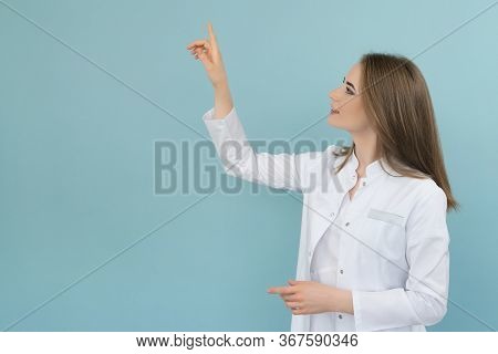 Doctor Points To A List On A Blue Background