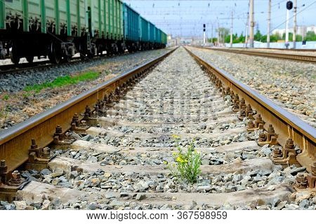 Railroad Rails In Russia. Concrete Sleepers.\nbackground Image For Web Design.
