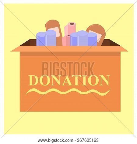 Vector Illustration Of A Donation Box. Assistance To Those In Need In A Difficult Life Situation. De