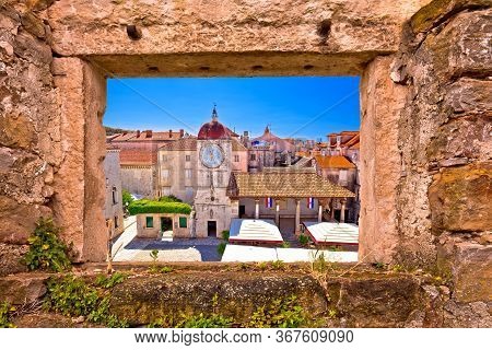 Unesco Town Of Trogir Main Square Viewthrough Stone Window, Dalmatia Region Of Croatia