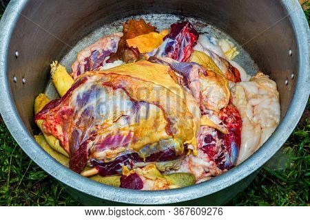 Fresh Pieces Of Raw Mutton Meat In A Pot. Mutton Raw Mutton Pieces
