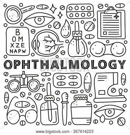 Poster With Lettering And Doodle Outline Ophthalmology Icons Including Runny Eye, Pipette Bottle, Co